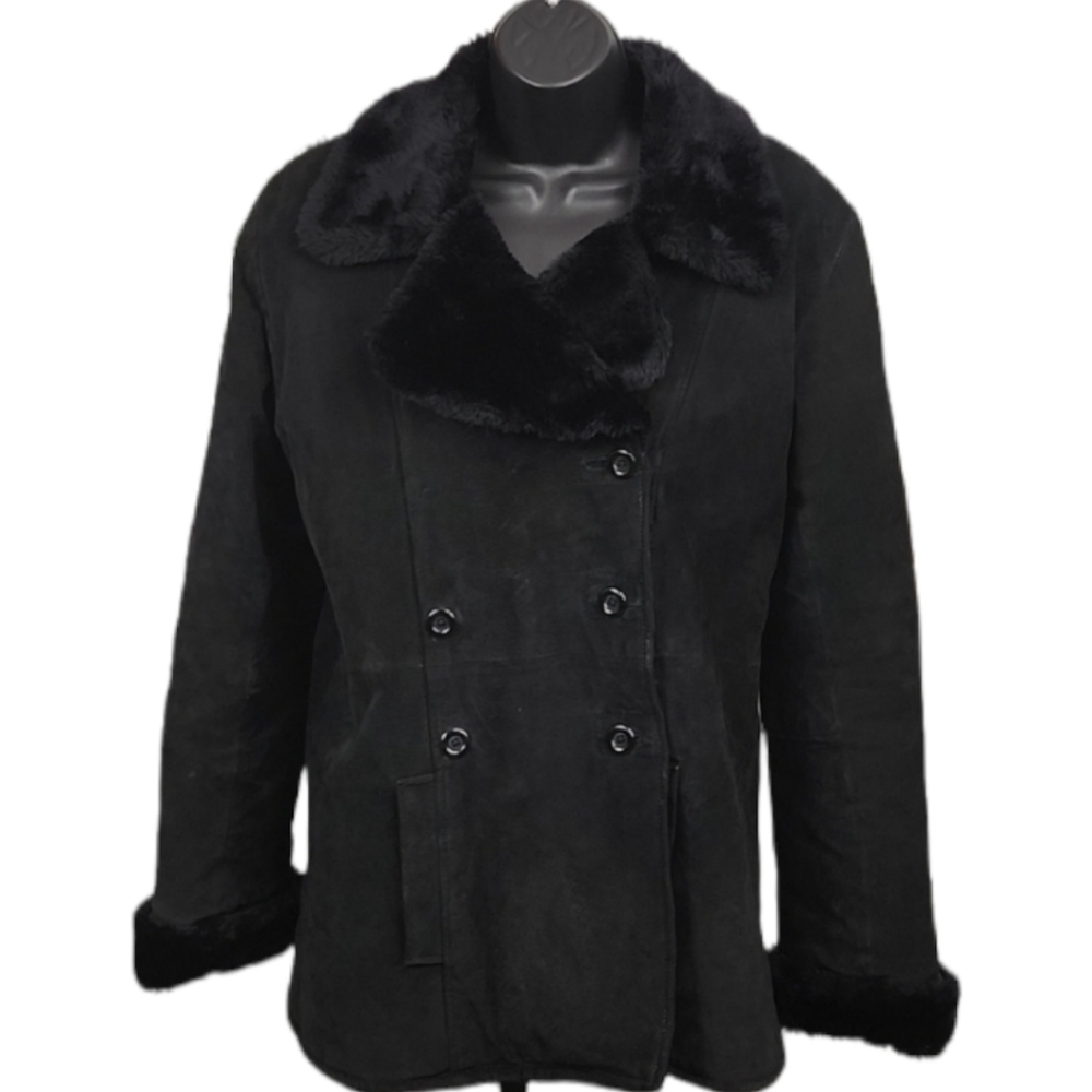 B.B. Dakota Prêt-à-Porter Black Leather Faux Fur Trim Coat - Picture 3 of 12